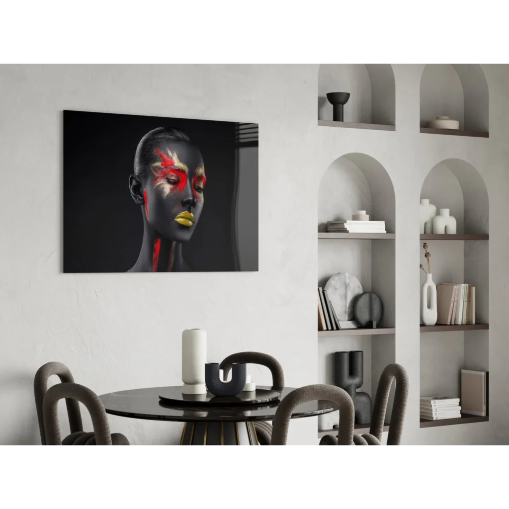 Black and red abstract face wall art on canvas, bold makeup portrait