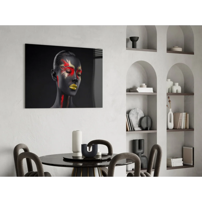 Black and red abstract face wall art on canvas, bold makeup portrait