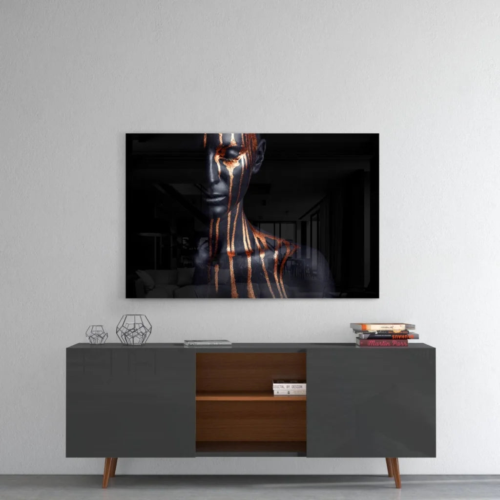 Black and gold abstract portrait wall art canvas on wall