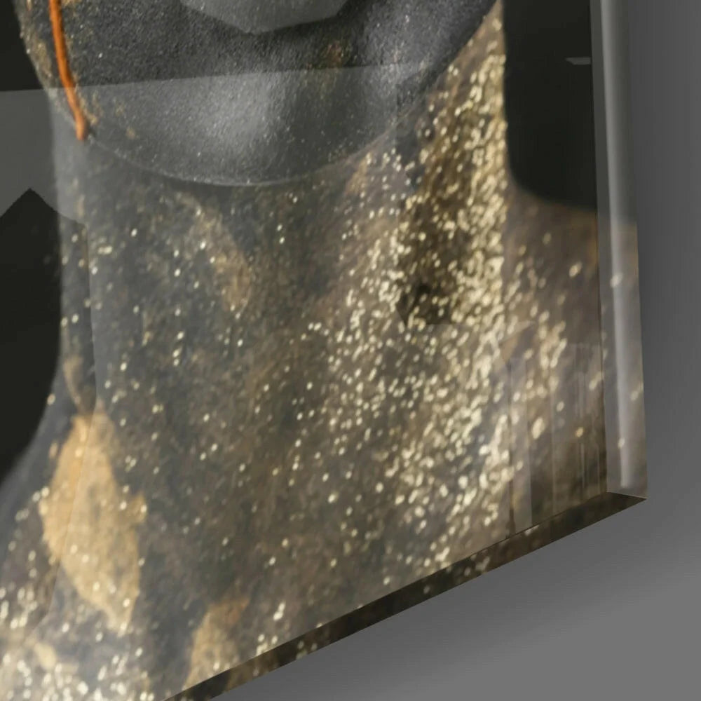 Stunning black gold abstract woman glass wall art panel with metallic sheen