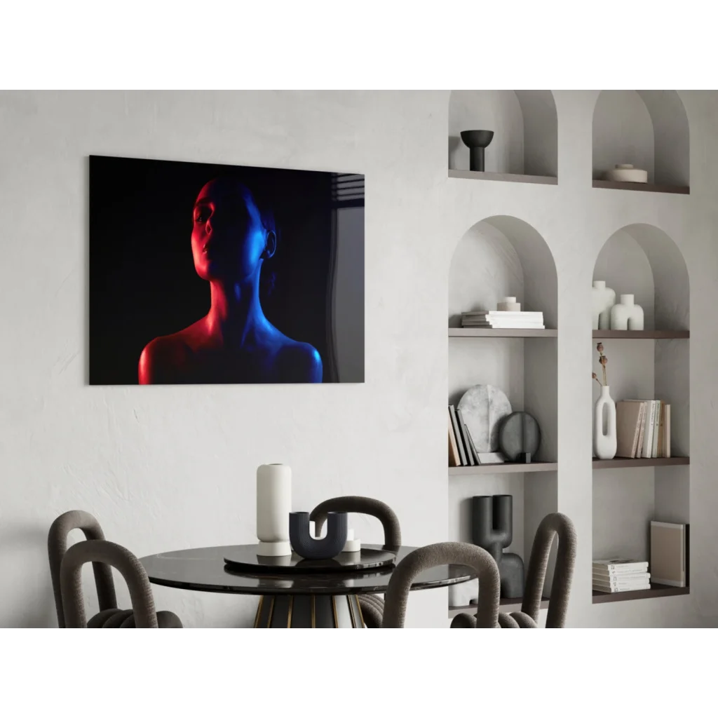 Vibrant neon silhouette glass wall art in red and blue