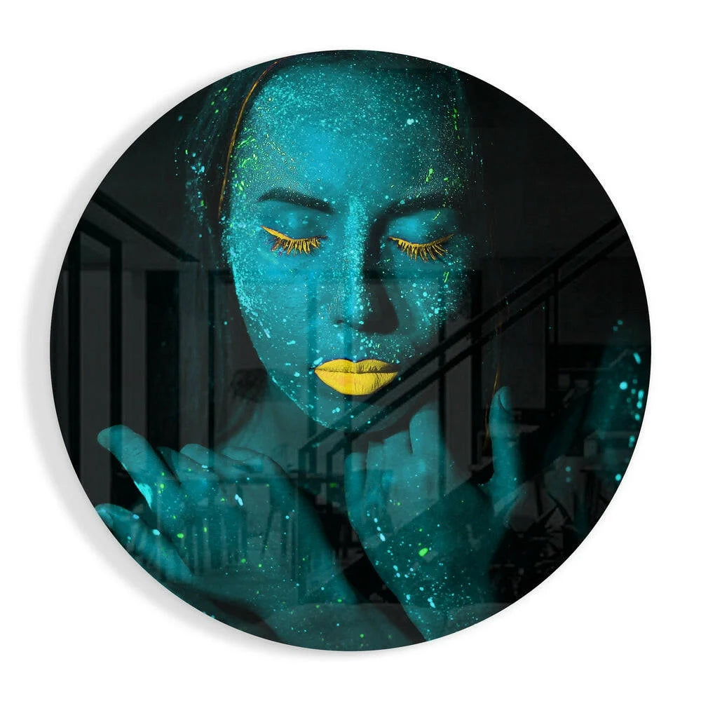 Glowing blue glitter woman on tempered glass art circle