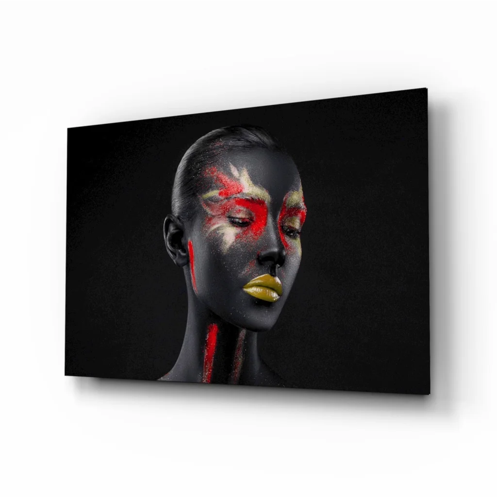 Stunning red and gold portrait wall art on black canvas with bold face paint