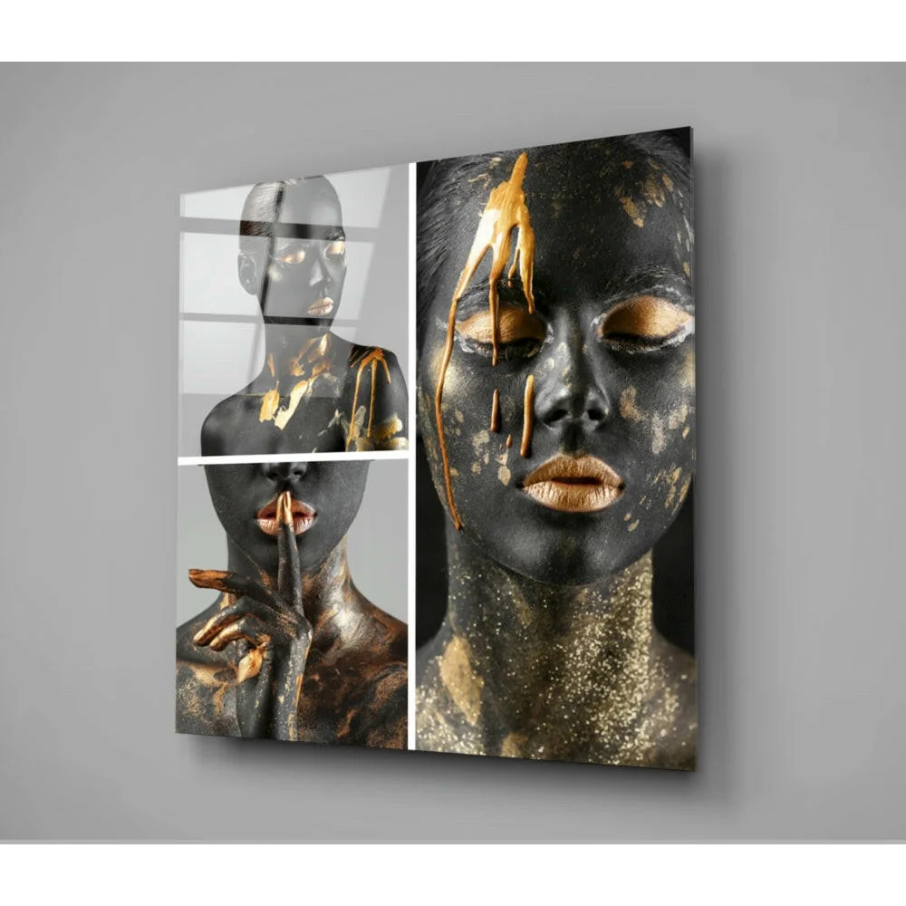 Stunning black gold abstract woman glass wall art panel
