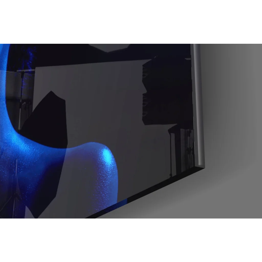 Sleek curved blue glass wall art in Neon Silhouette electric red design