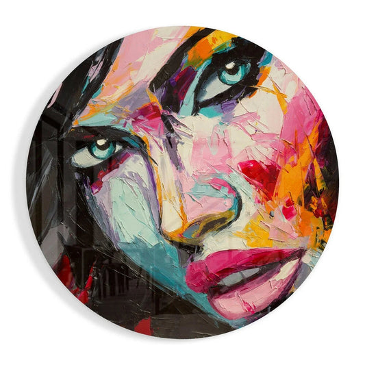 Vibrant tempered glass art portrait in pink, teal, orange, black