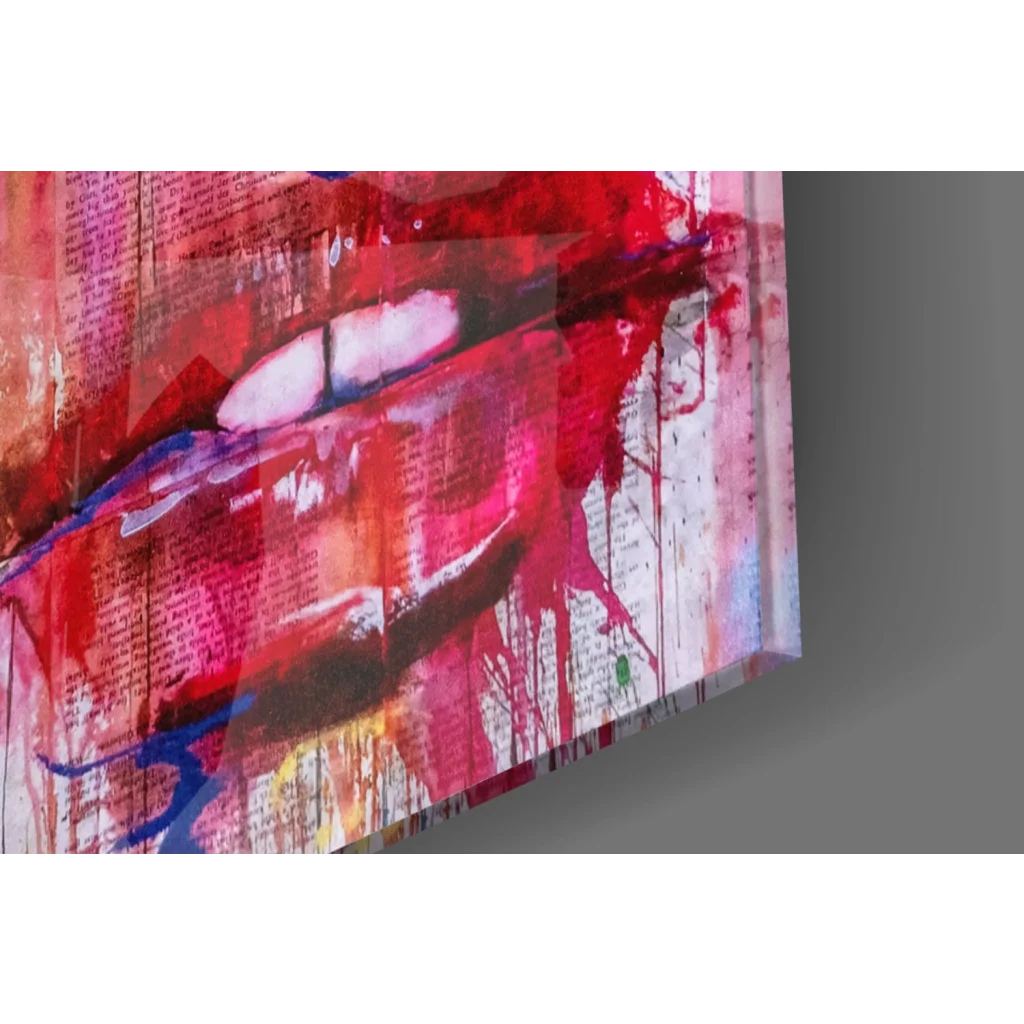 Vibrant red pink abstract lips on glass wall art with paint splatters