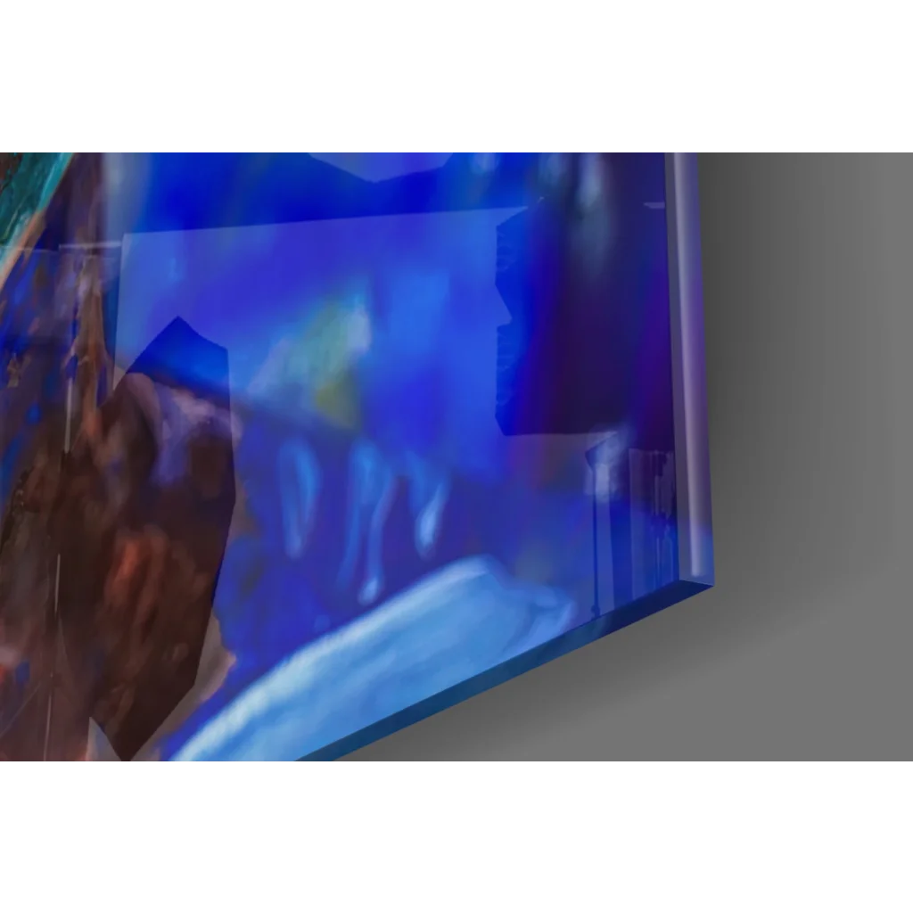 Blue abstract digital art on glossy glass wall art panel