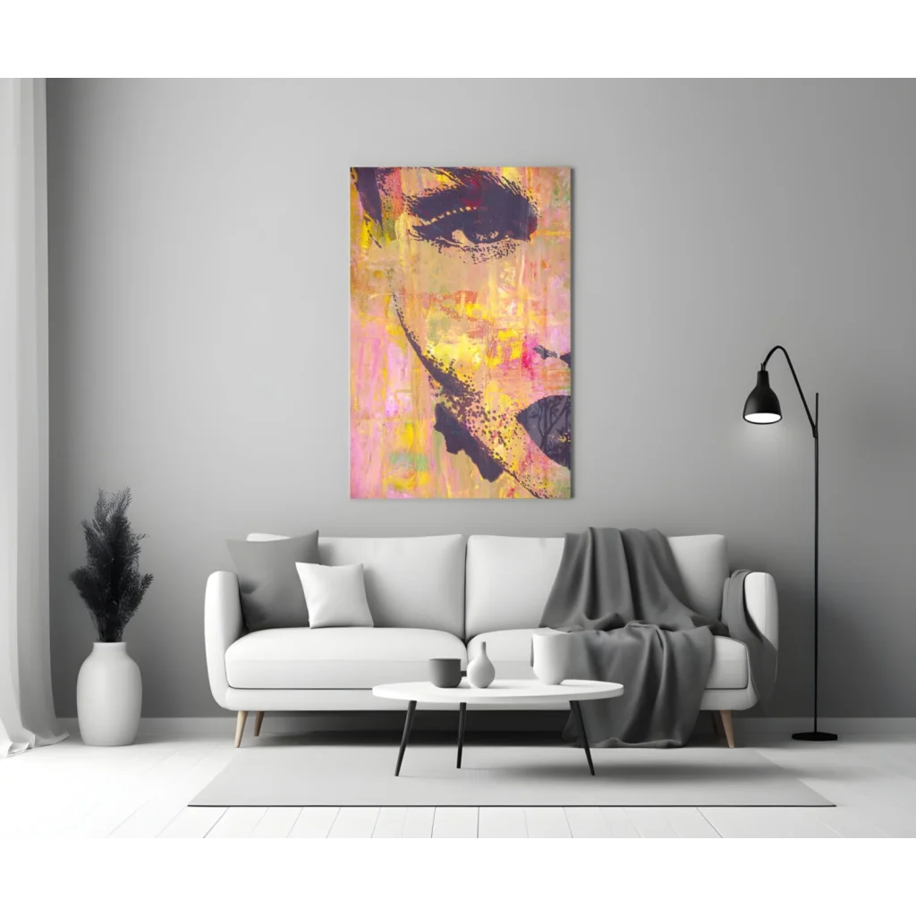 Vibrant pink and yellow glass wall art portrait on canvas