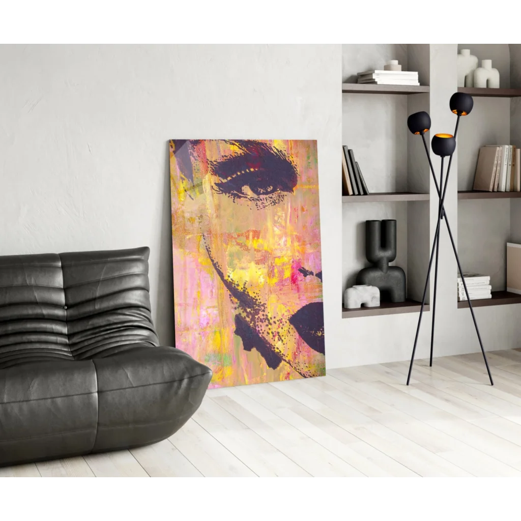 Vibrant bold abstract portrait glass wall art in pink and yellow