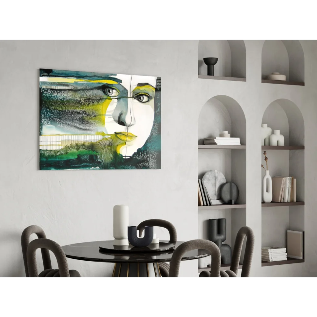 Bold abstract face wall art with vibrant yellow and teal tones