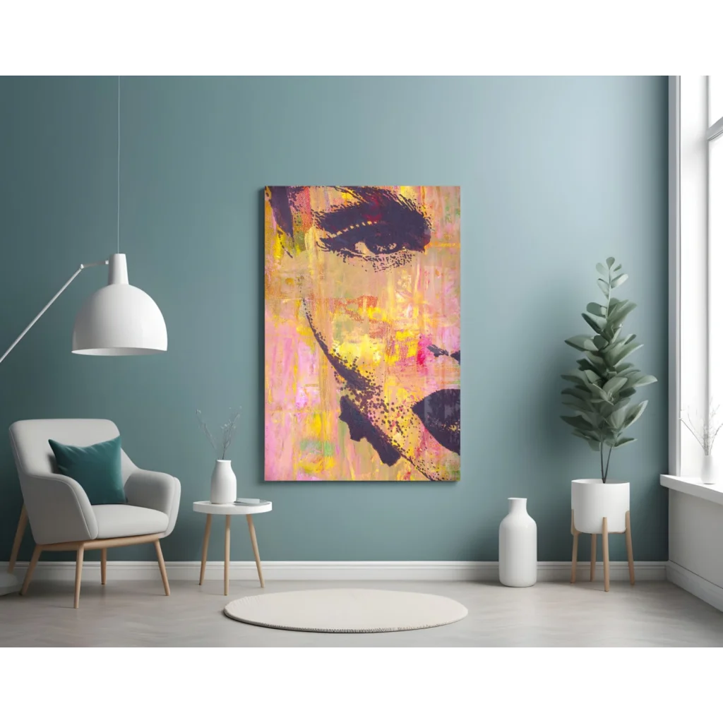 Vibrant pink and yellow glass wall art with bold abstract portrait brushstrokes