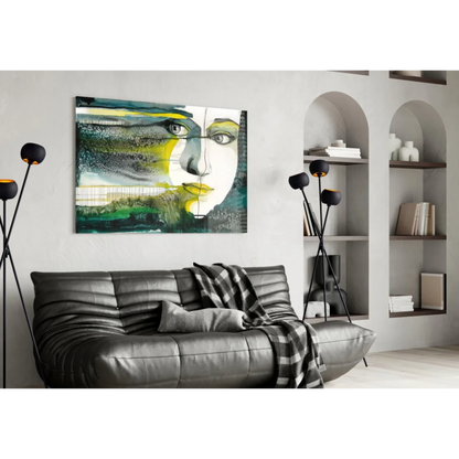Bold abstract face wall art with vibrant yellow and teal tones