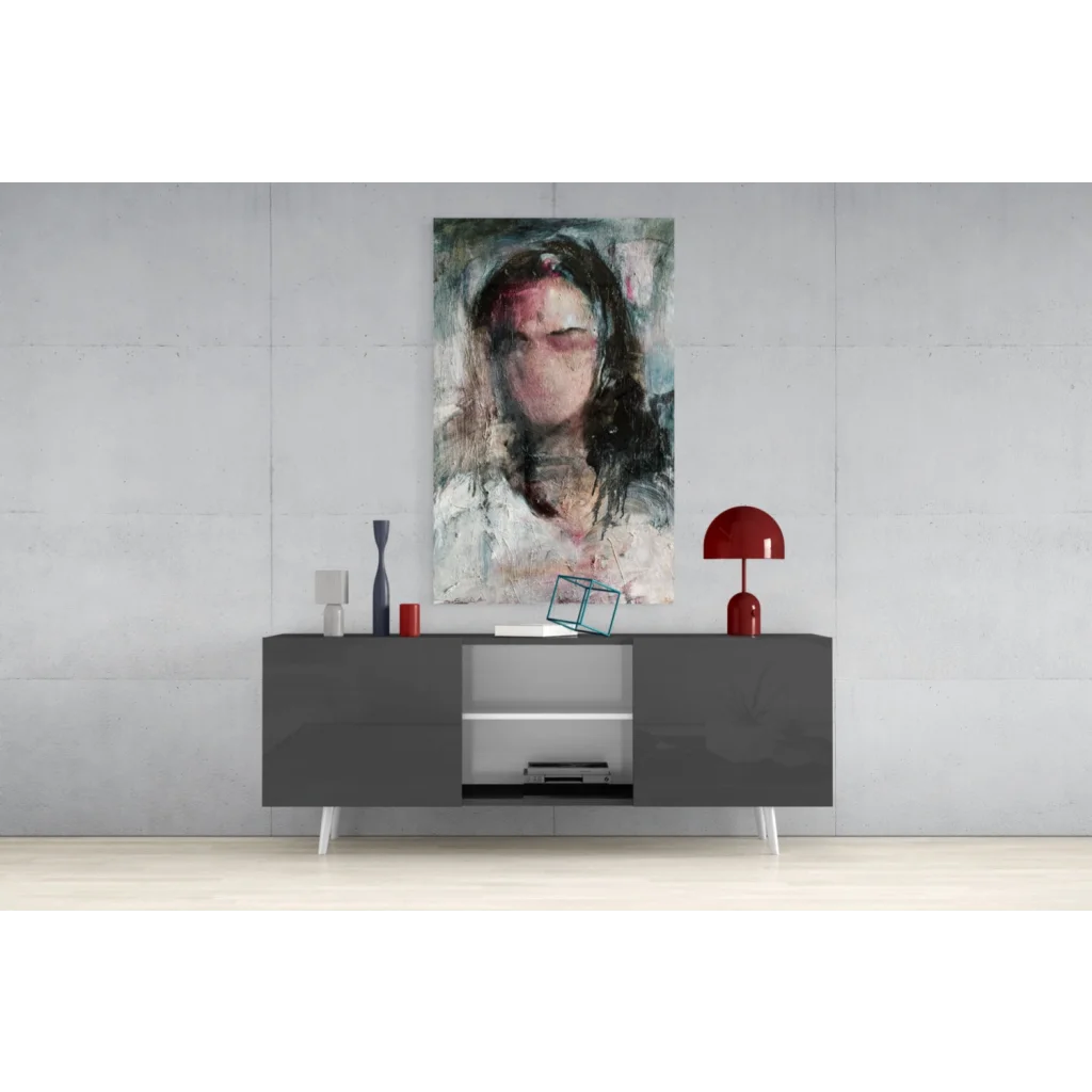 Stunning abstract portrait wall art with textured brushstrokes in muted gray, white, soft pink tones