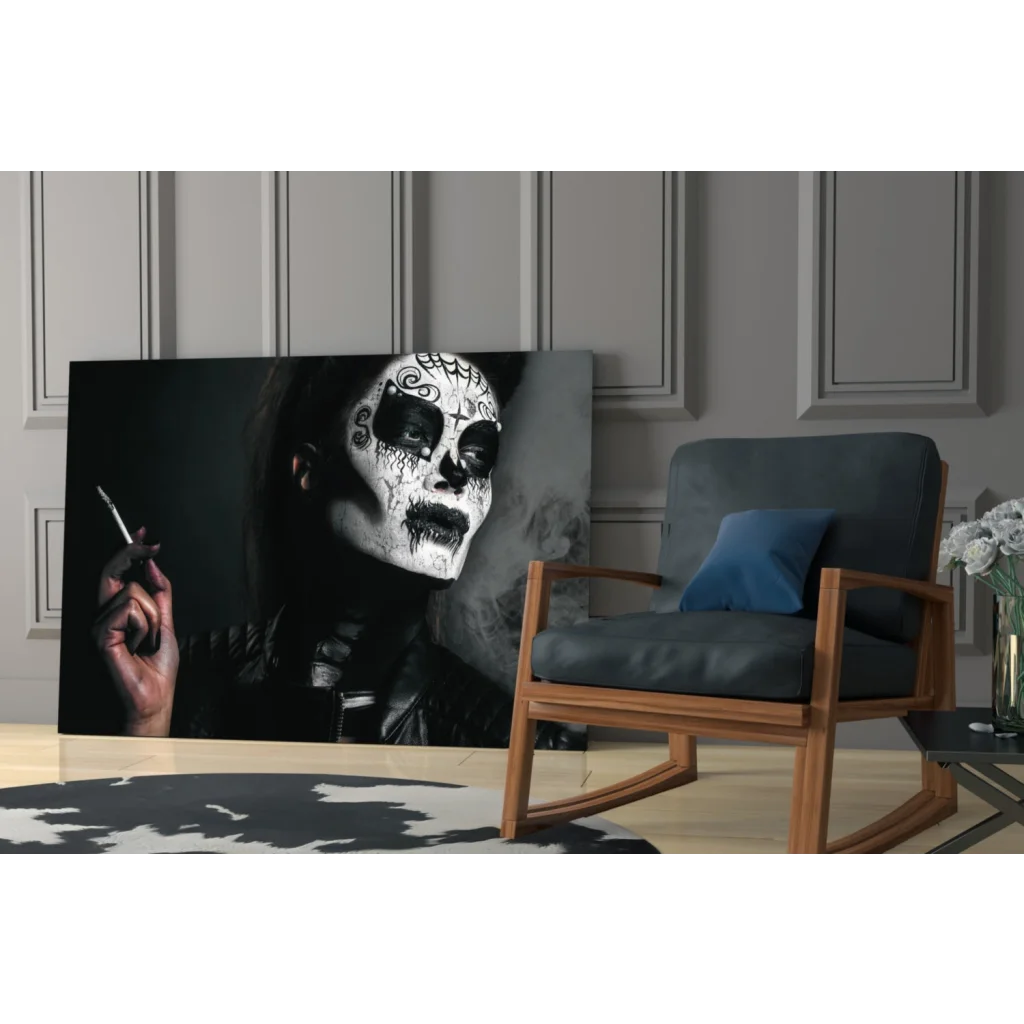 Black-and-white sugar skull beauty canvas wall art print of woman with cigarette