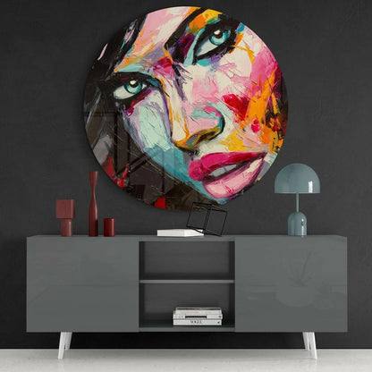 Stunning tempered glass art with bold abstract portrait in pink, teal, orange, black