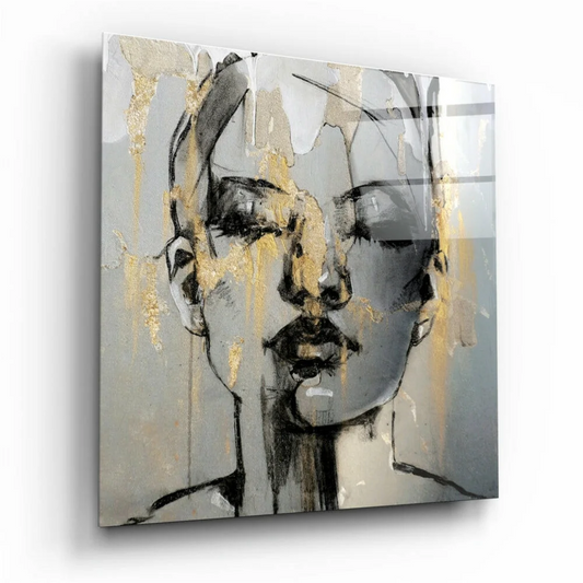 Grayscale abstract face canvas wall art with dripping gold leaf accents