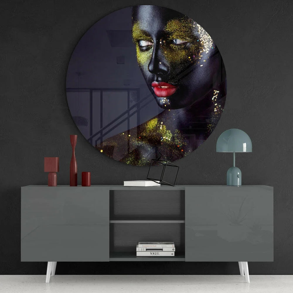 Stunning gold glitter portrait woman on tempered glass art
