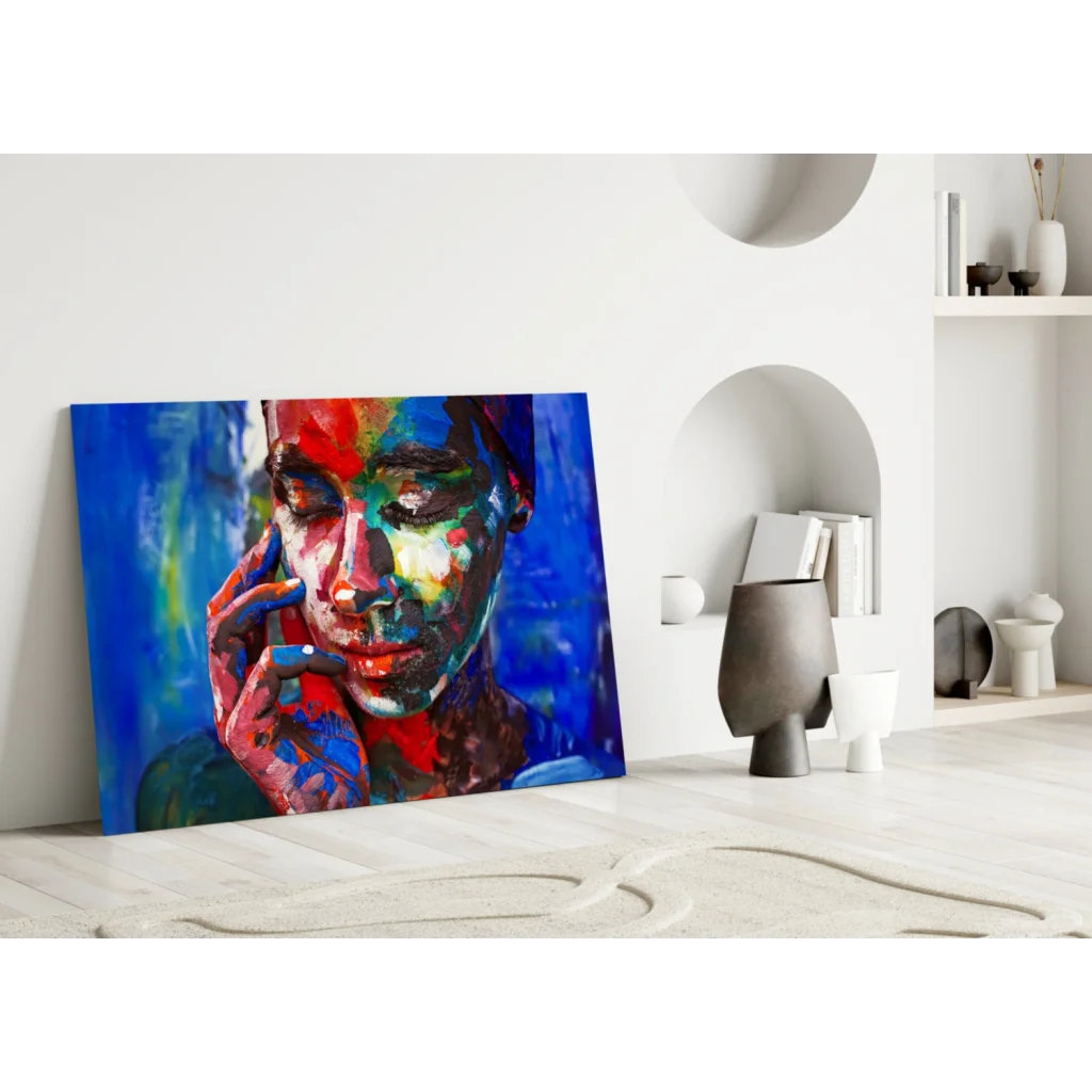 Vibrant bold abstract portrait canvas wall art with vivid red, blue, green strokes