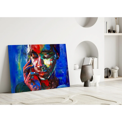 Vibrant bold abstract portrait canvas wall art with vivid red, blue, green strokes