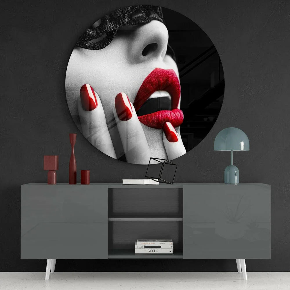 Stunning red lips tempered glass art circle print with bold black-and-white design and glossy frame