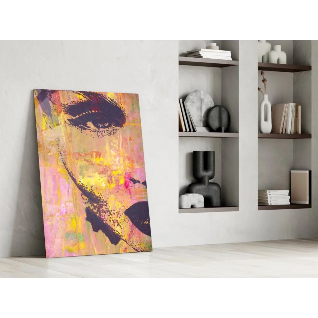 Vibrant pink and yellow bold abstract portrait glass wall art