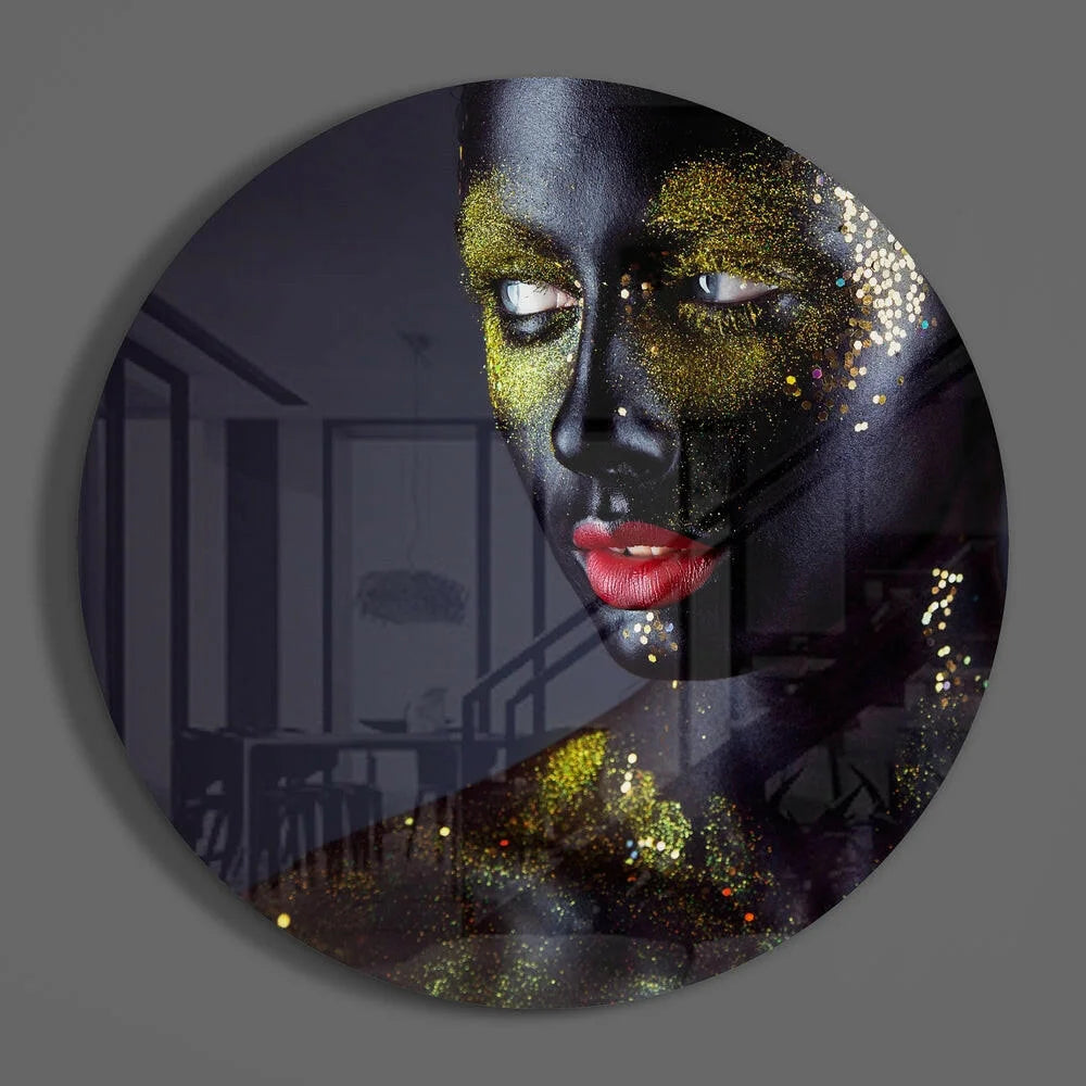 Stunning gold glitter portrait of woman on tempered glass art