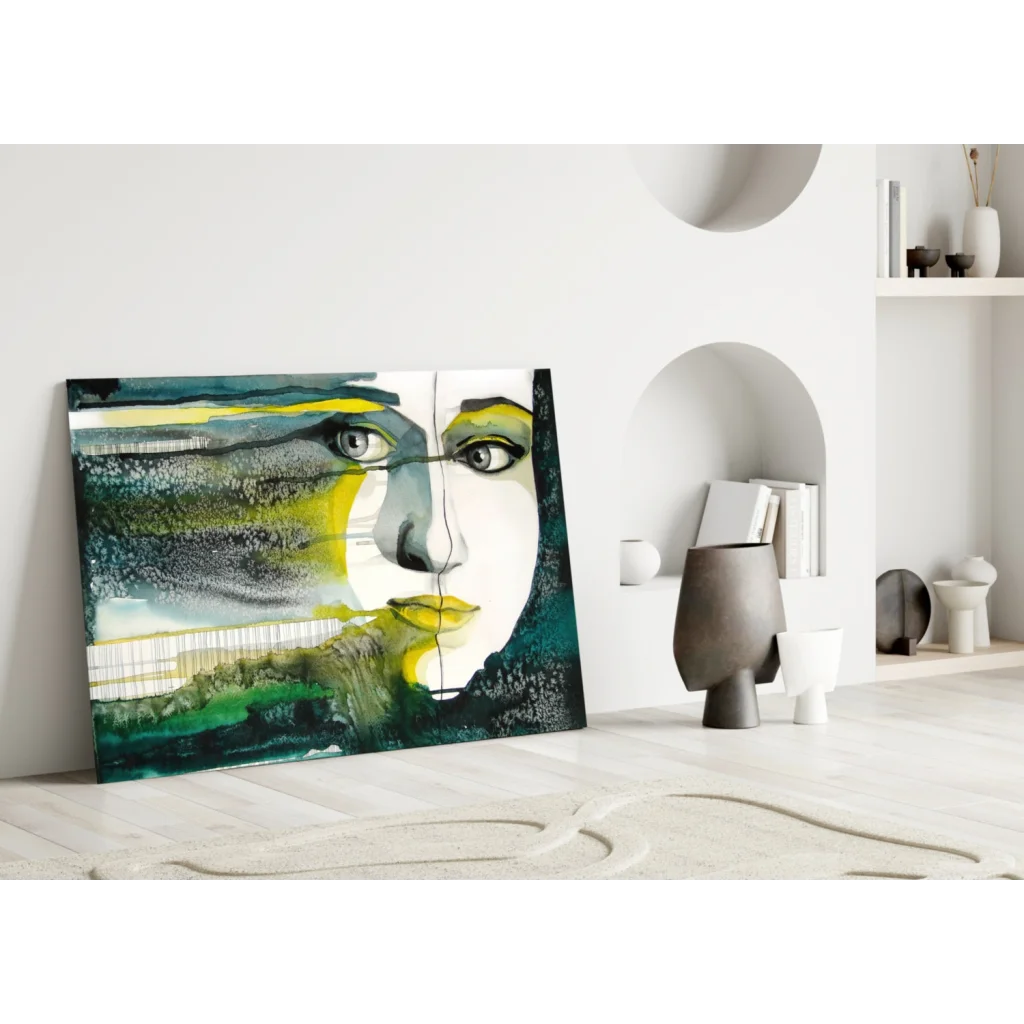 Bold abstract face glass wall art in yellow, green, teal tones