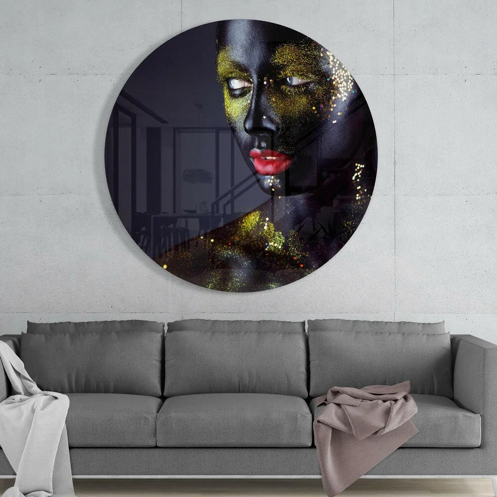 Stunning gold glitter portrait of black woman on tempered glass art