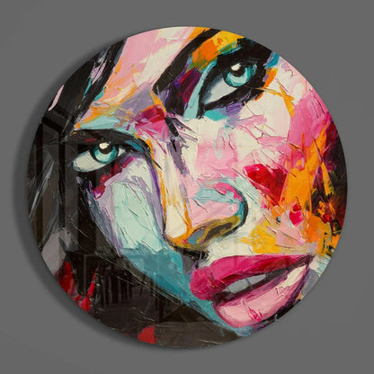 Vibrant tempered glass art with bold abstract portrait in teal, pink, orange, purple