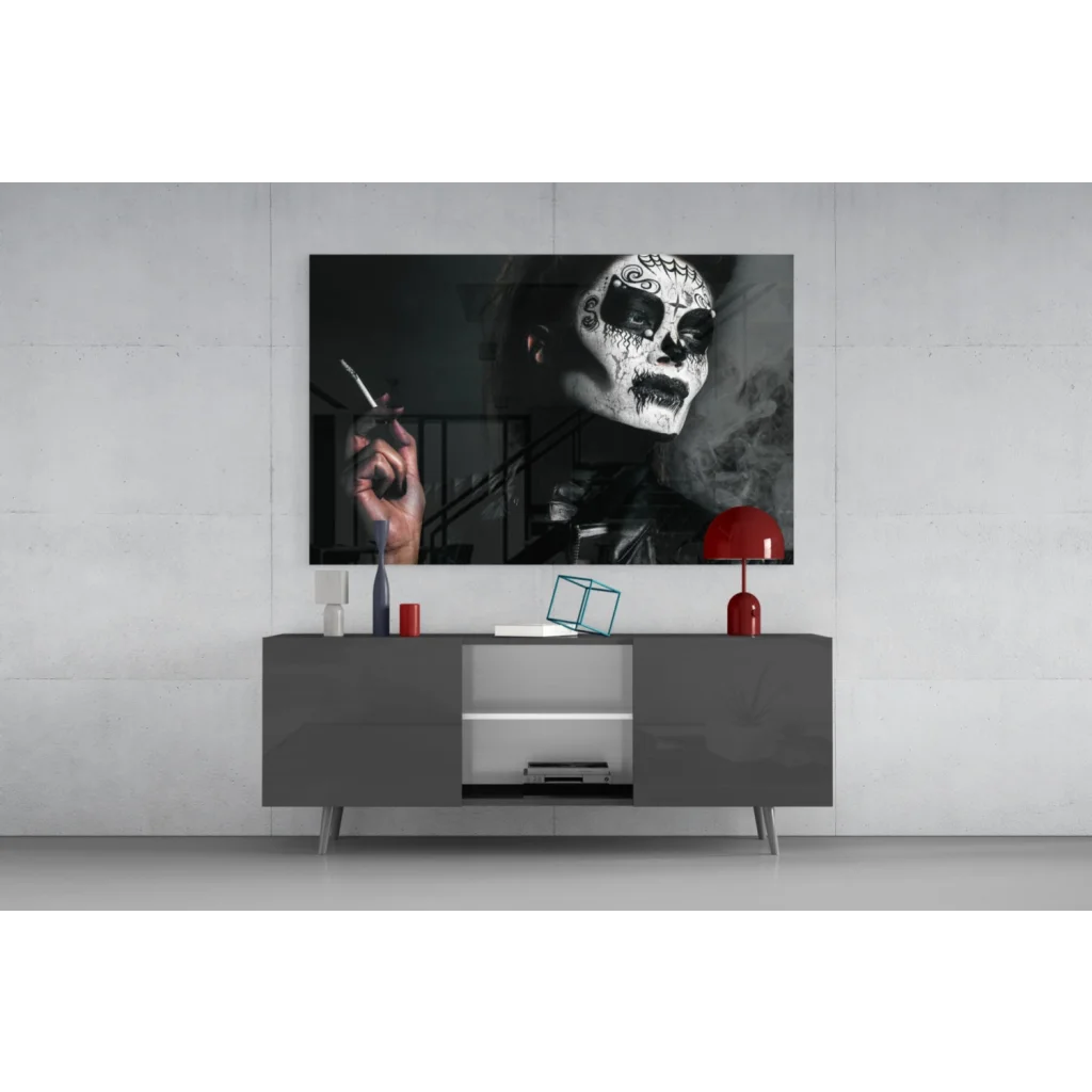 Black-and-white sugar skull beauty wall art print with cigarette
