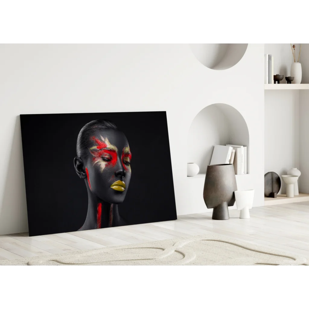 Stylized red and gold woman portrait wall art on black canvas