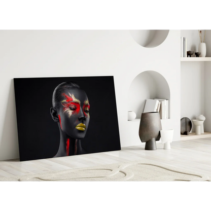 Stylized red and gold woman portrait wall art on black canvas