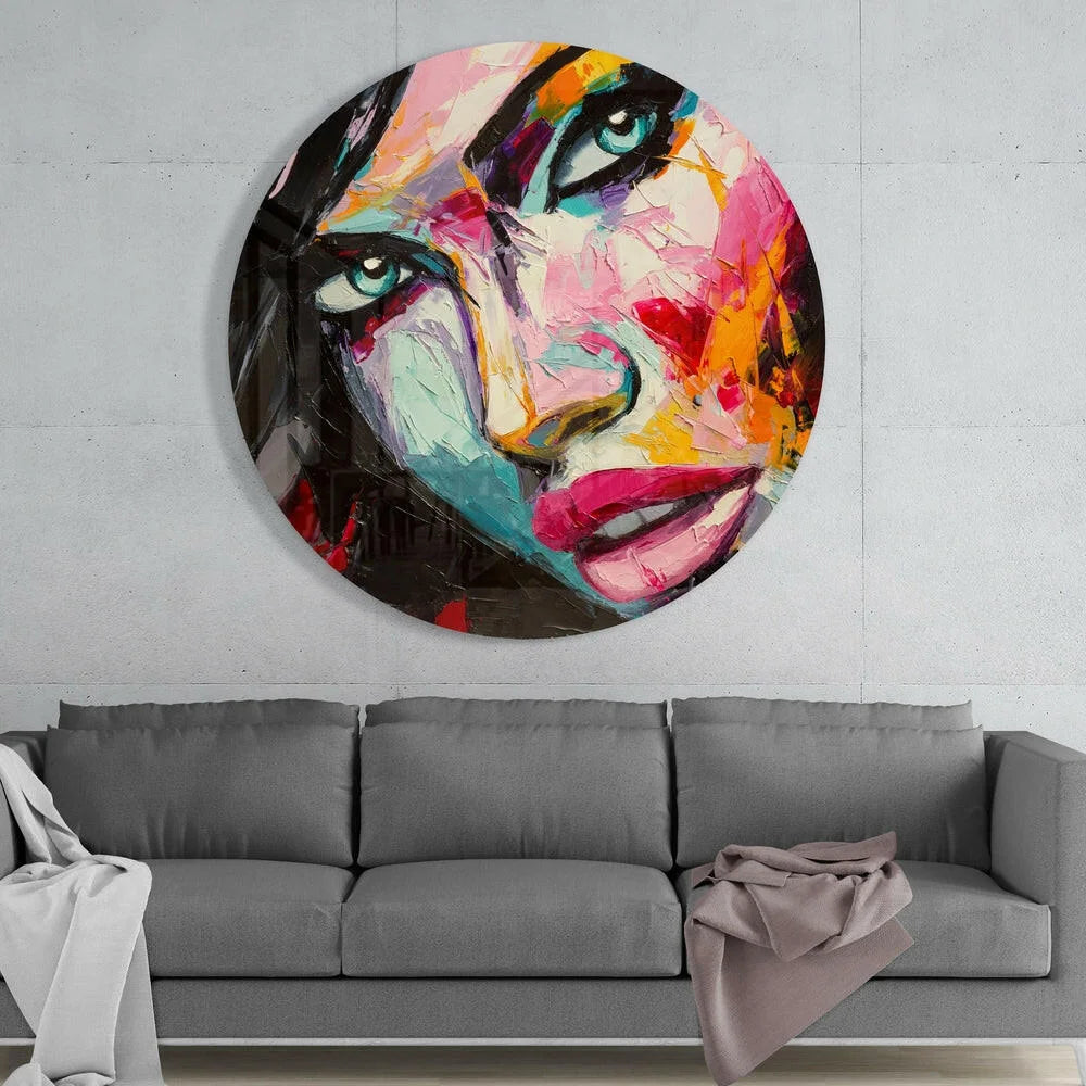 Vibrant tempered glass art with bold abstract portrait in teal eyes and pink lips