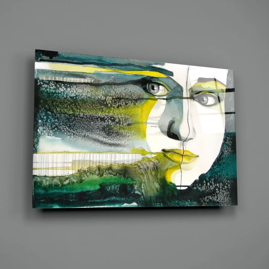 Bold abstract face wall art with vibrant yellow and teal brushstrokes
