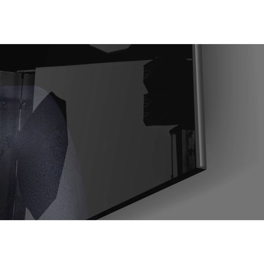 Sleek dark gray metallic frame for black and gold abstract glass wall art