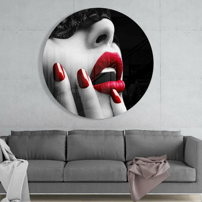 Stunning red lips tempered glass art circle print with black-and-white portrait