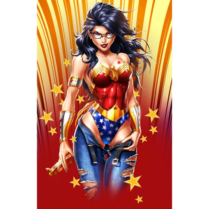 Wonder Woman in battle armor on brushed aluminum wall art print