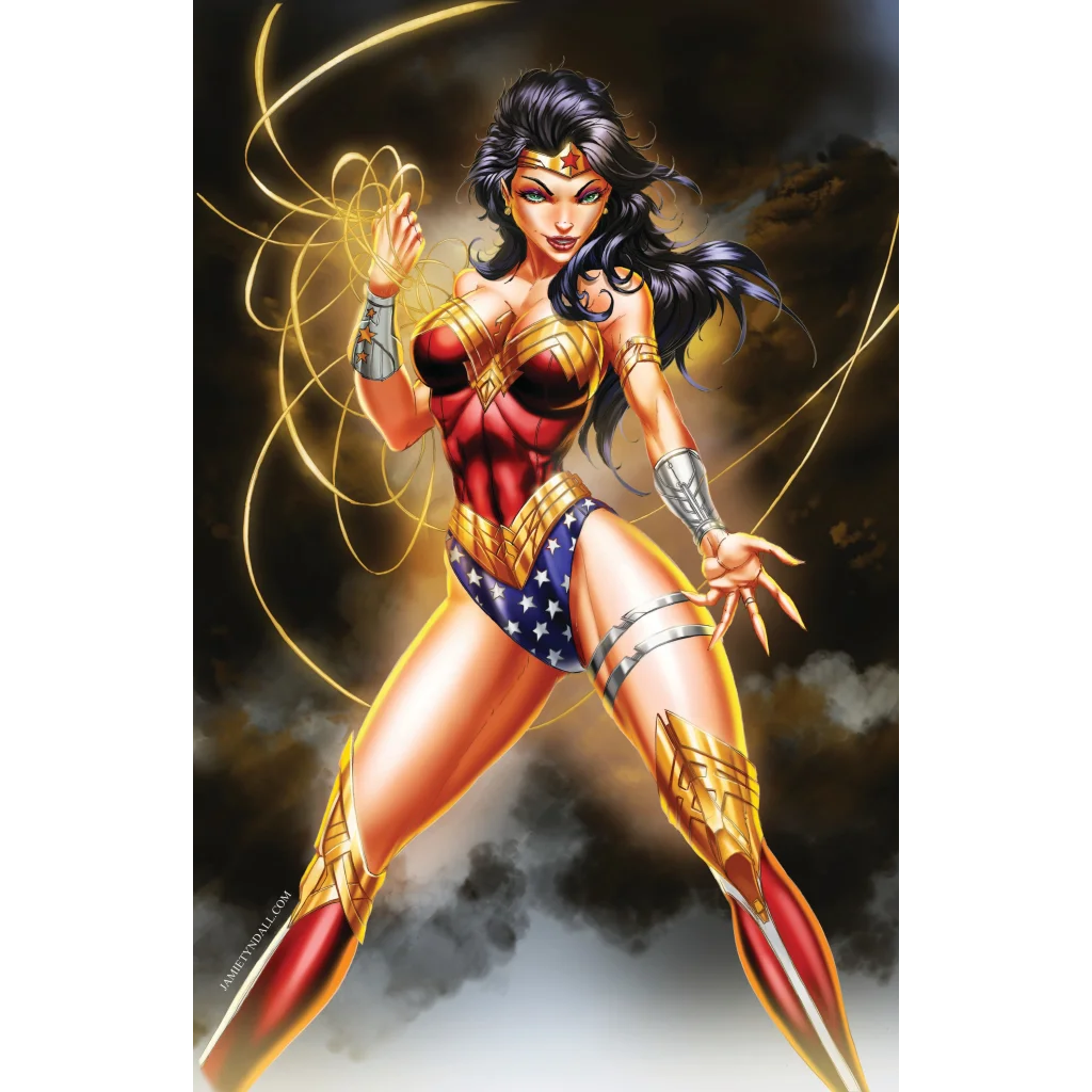 Wonder Woman in red gold blue battle armor on brushed aluminum print