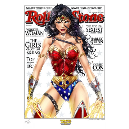 Wonder Woman in red gold blue star costume on brushed aluminum wall art