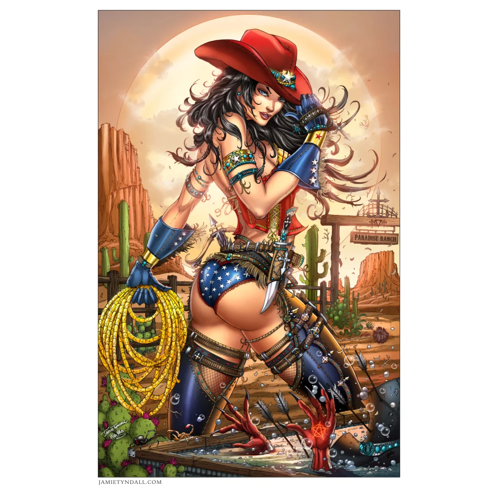 Red Wonder Woman cowboy hat on brushed aluminum wall art