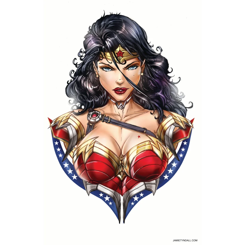 Stylized Wonder Woman in iconic costume on brushed aluminum art print