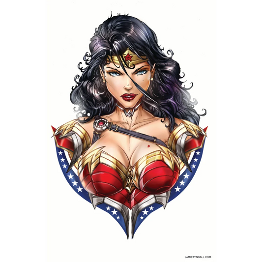 Stylized Wonder Woman in iconic costume on brushed aluminum art print