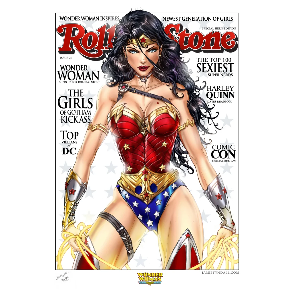 Wonder Woman brushed aluminum art print in red gold blue costume with stars