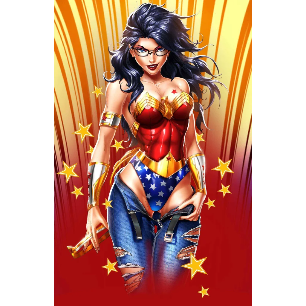 Wonder Woman in red gold bodysuit and blue star shorts on brushed aluminum print