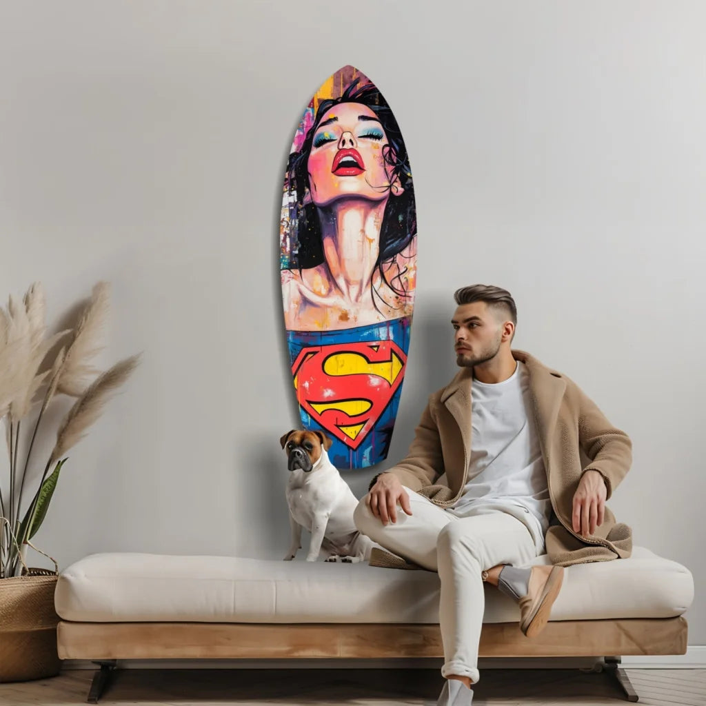 Vibrant Wonder Woman tempered glass art surfboard with size comparison