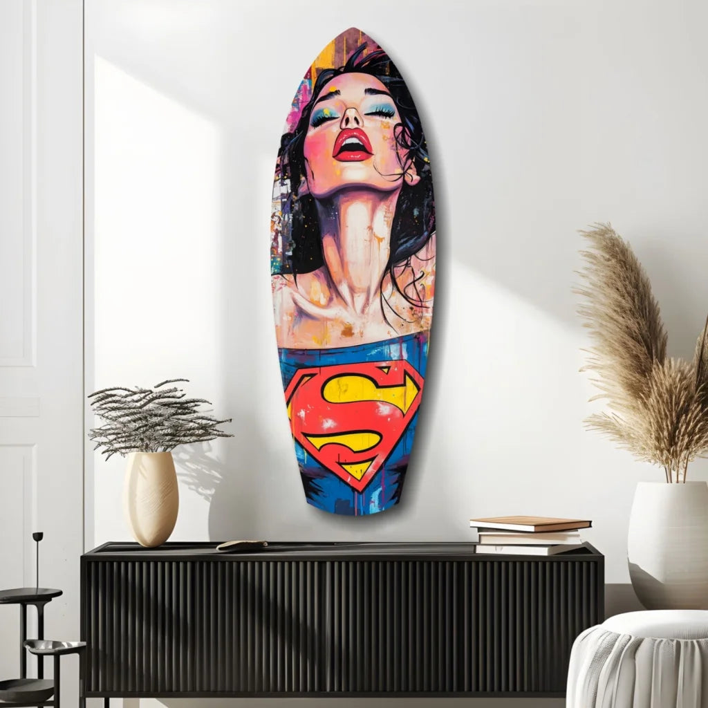 Wonder Woman surfboard tempered glass art with size comparison