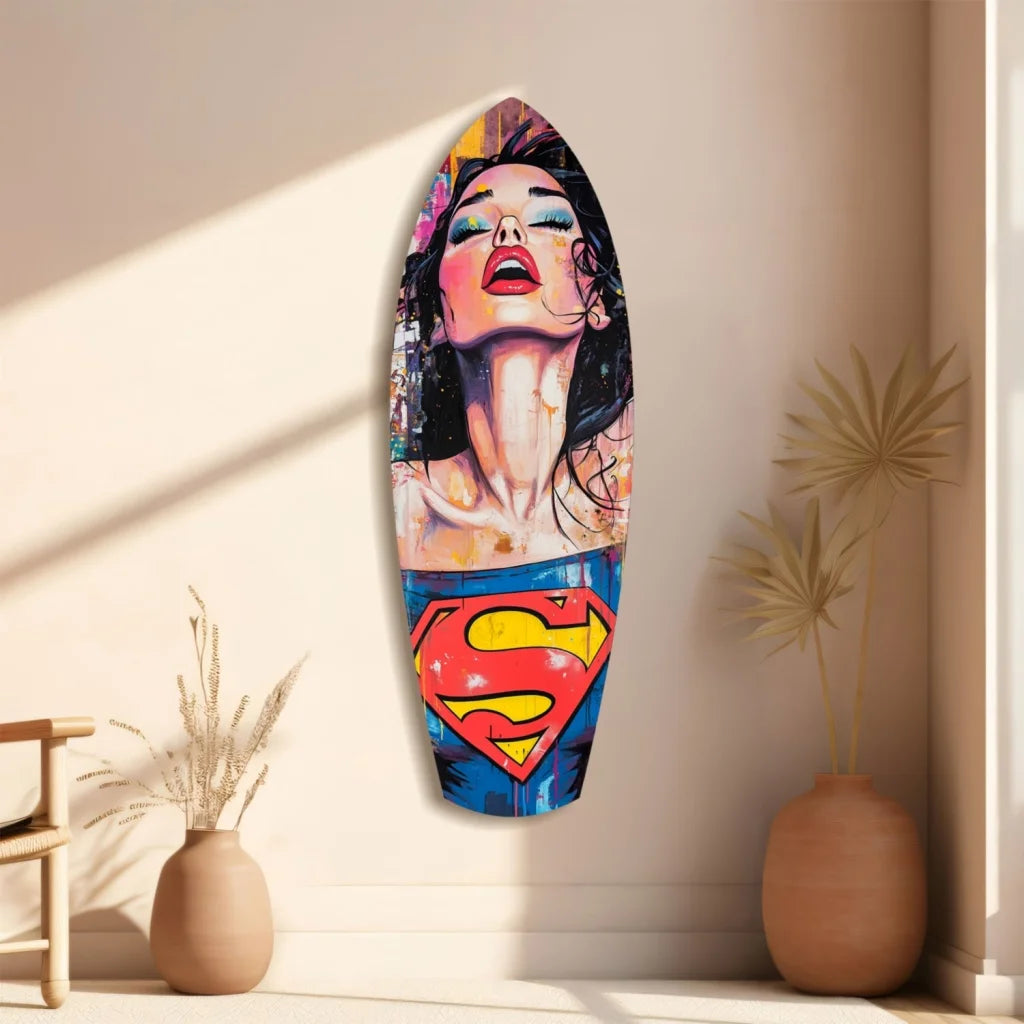 Vibrant Wonder Woman tempered glass surfboard art with size comparison