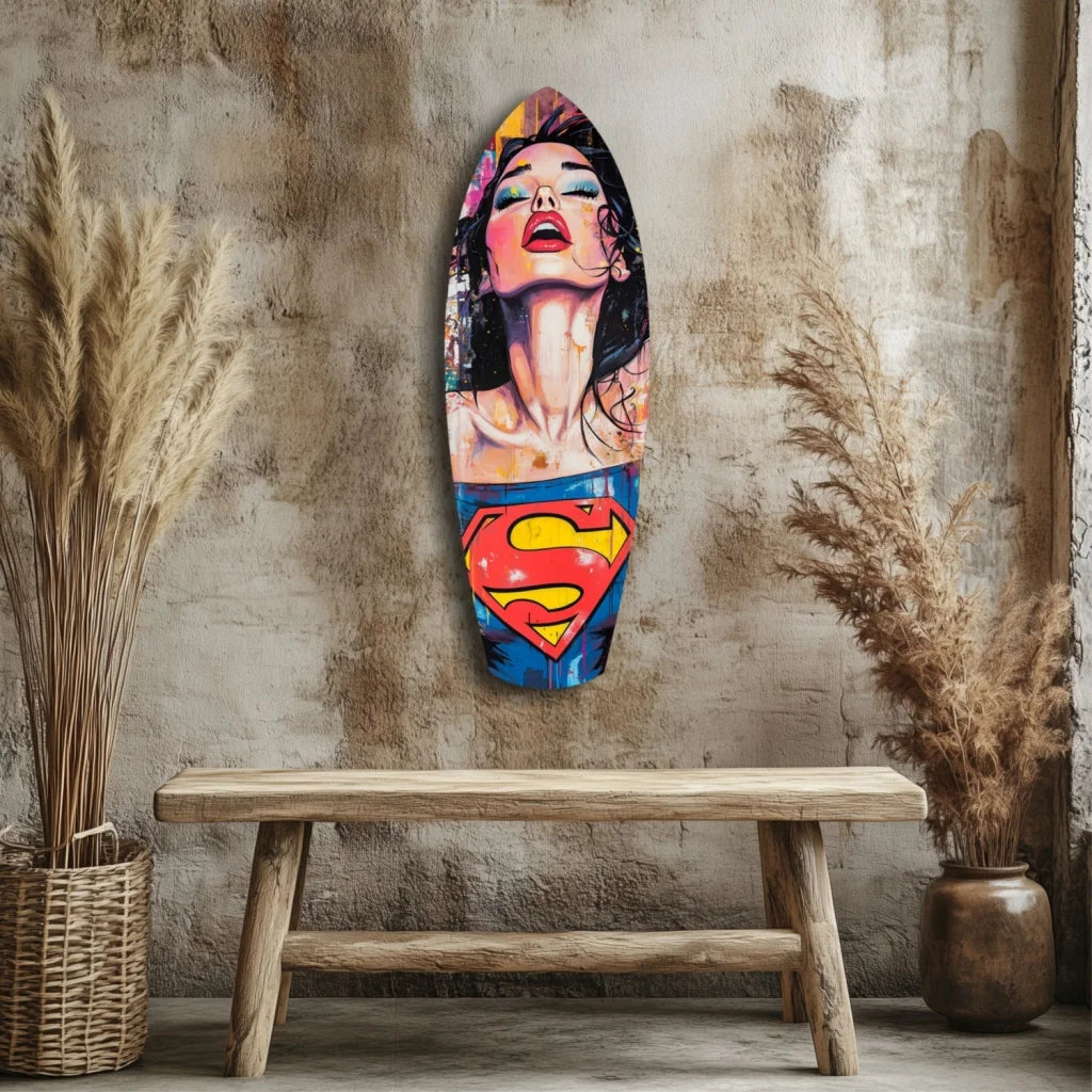 Vibrant Wonder Woman tempered glass art surfboard portrait with Superman logo