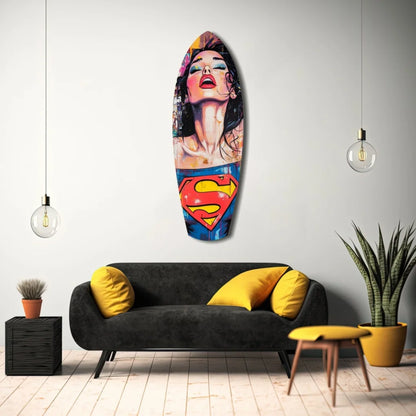 Vibrant Wonder Woman surfboard tempered glass art with size comparison